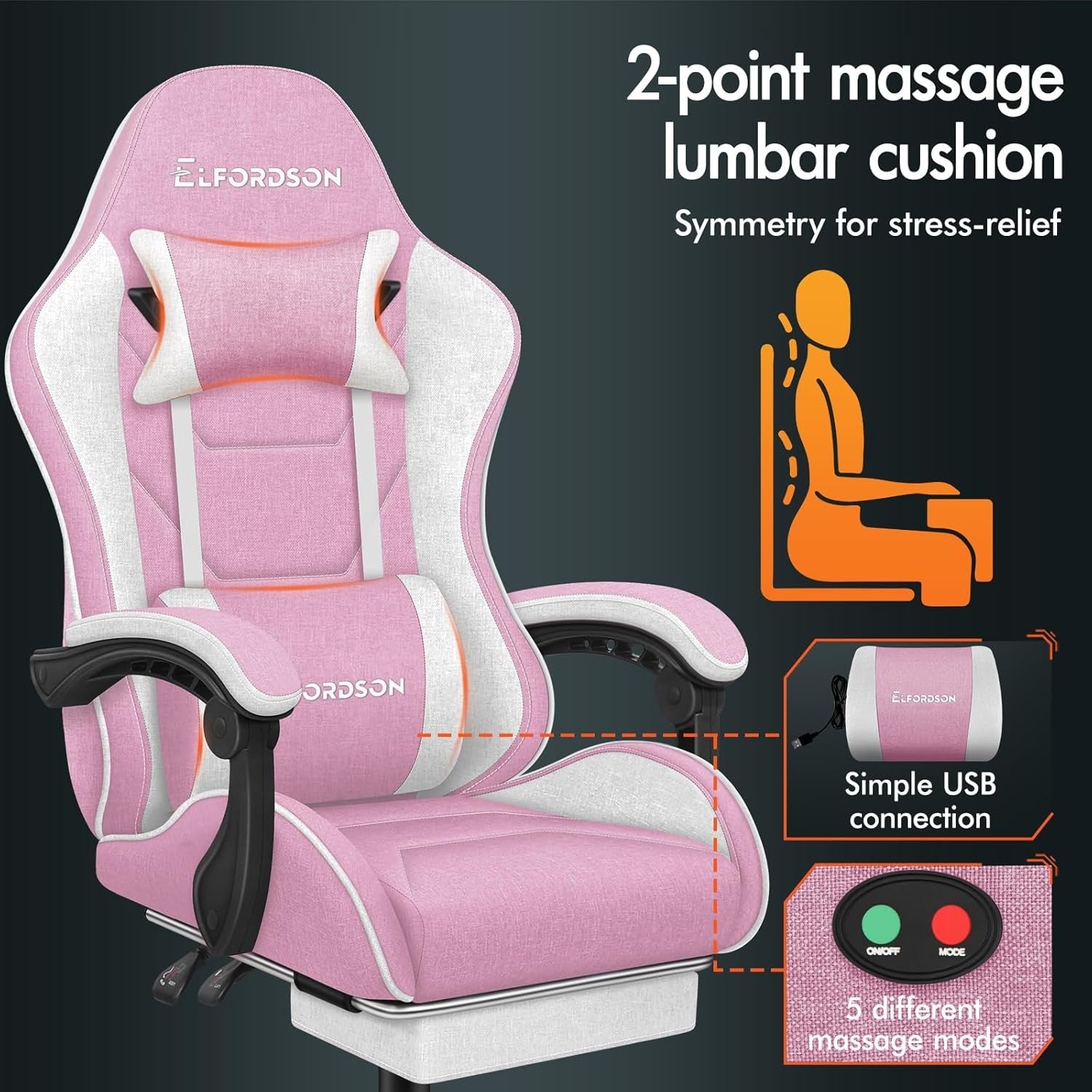 Gaming Chair w/ Massage Lumbar Recliner High Back Footrest Pink
