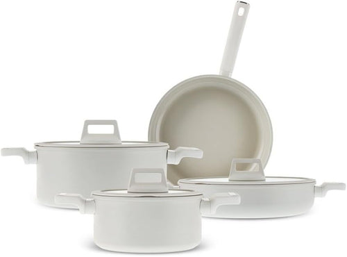 7Pcs White Ceramic Induction Cookware Set with Lids, Non Stick, Dishwasher Safe