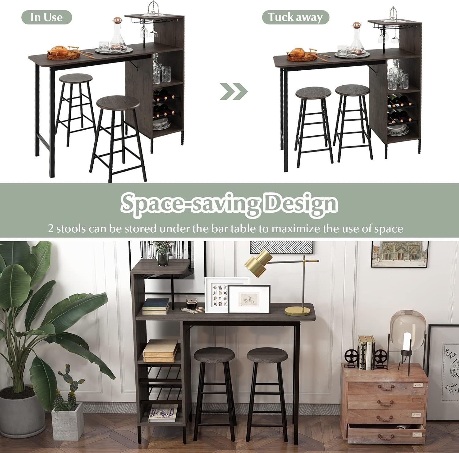 Brown 3-Piece Industrial Dining Bar Table Set with Shelves, Wine Rack & 2 Stools