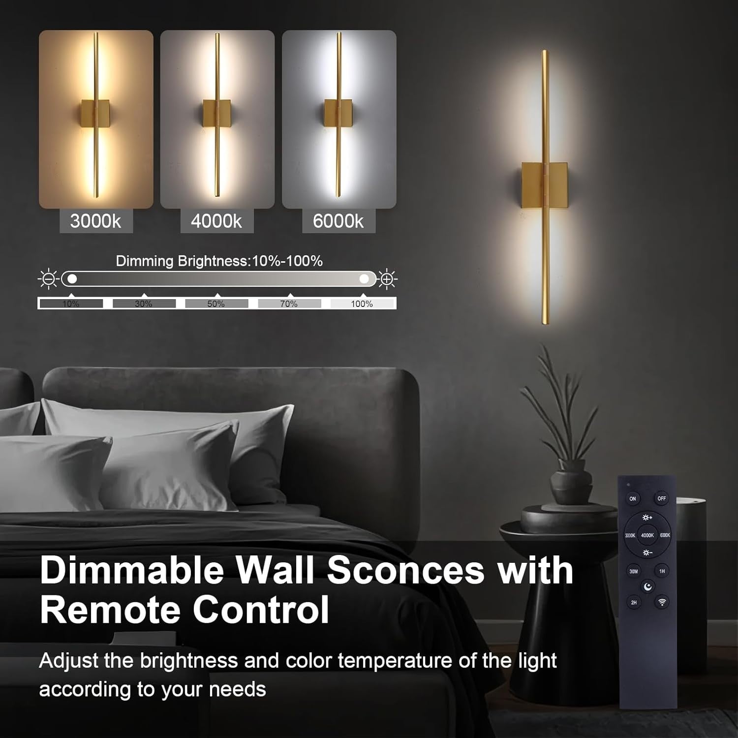 Rechargeable LED Wall Lights 2-Pack Dimmable Touch Remote 3 Color 70CM Gold