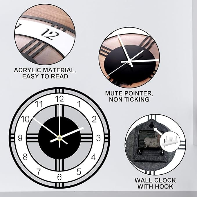 Modern 12" Silent Wall Clock Black White Quartz Non-Ticking Round Home Decor
