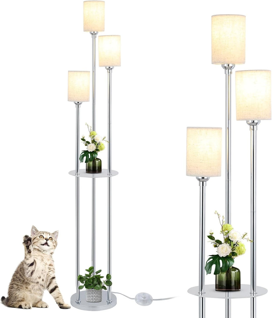 3-Light Modern Floor Lamp with Shelves, Linen Shades & Foot Switch