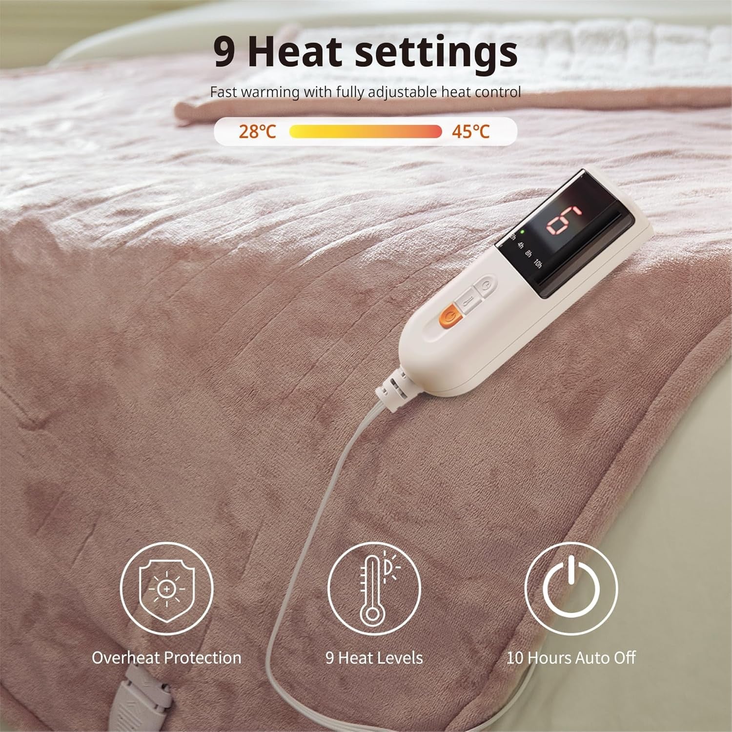Electric Heated Throw Blanket 130x180cm Plush 9 Heat Settings Auto Shut Off