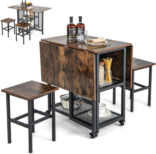 Folding Drop Leaf Dining Table Set with Stools Storage Shelves on Wheels