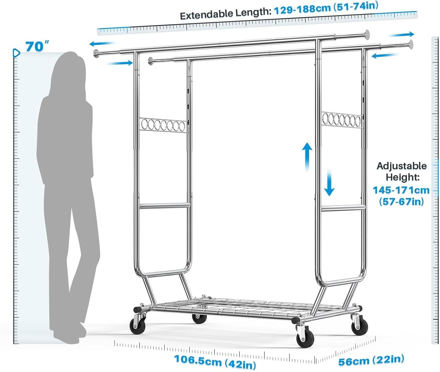 Heavy Duty Double Rail Clothes Rack 650lbs Extendable Silver