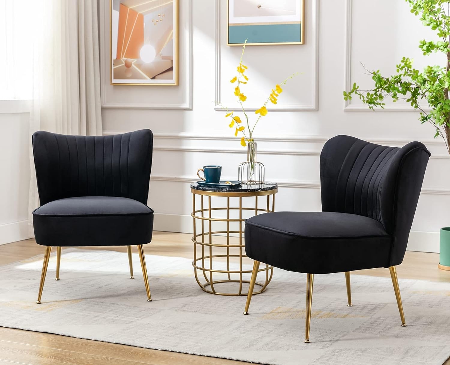 Black Velvet Accent Chair Gold Metal Legs Lounge Tub Seat