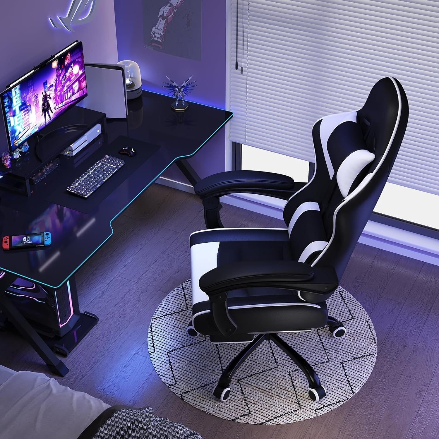 Gaming Chair with Massage Lumbar Recliner Footrest 150kg White