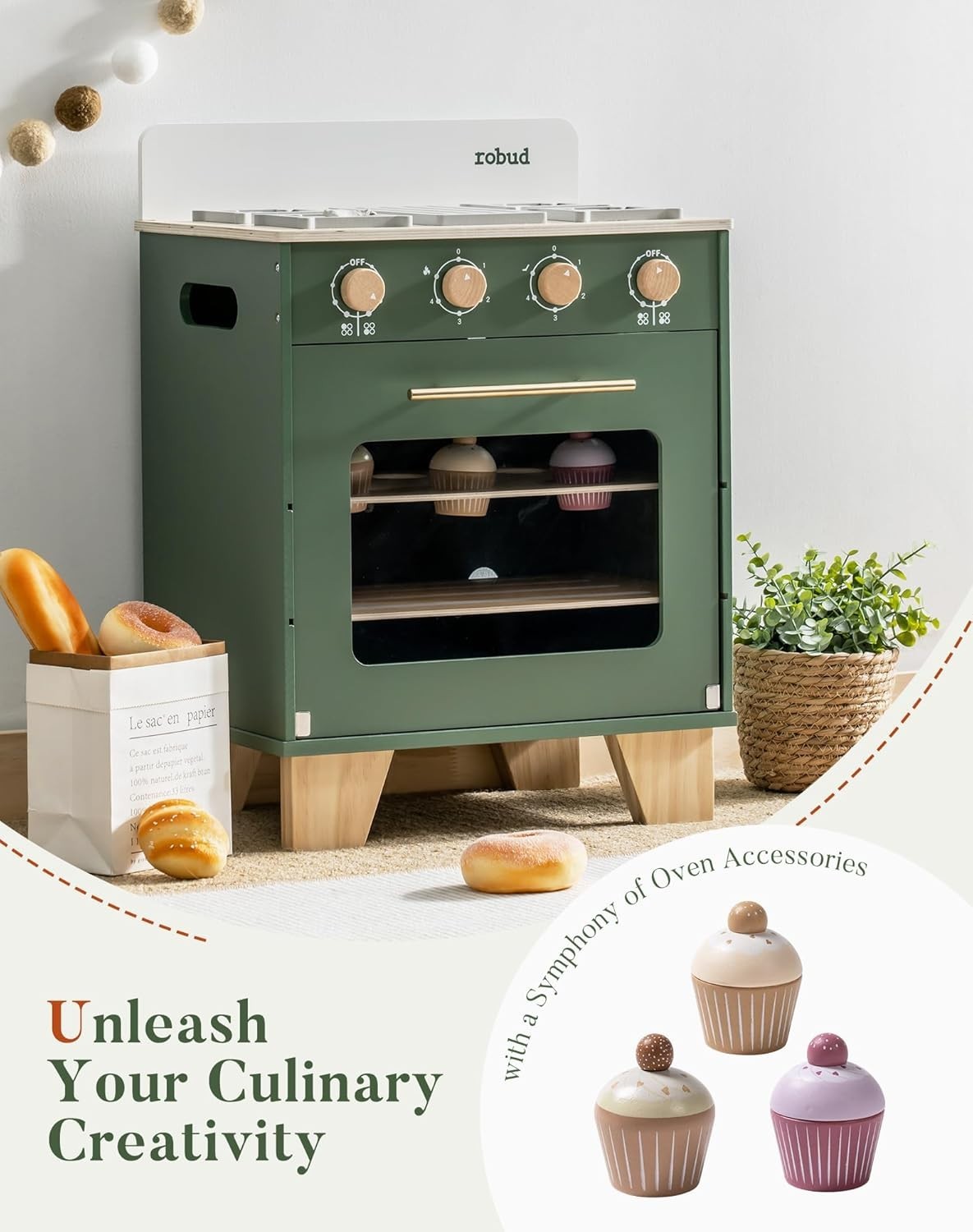 Wooden Kids Toy Oven Retro Play Kitchen Baking Set Green Toy