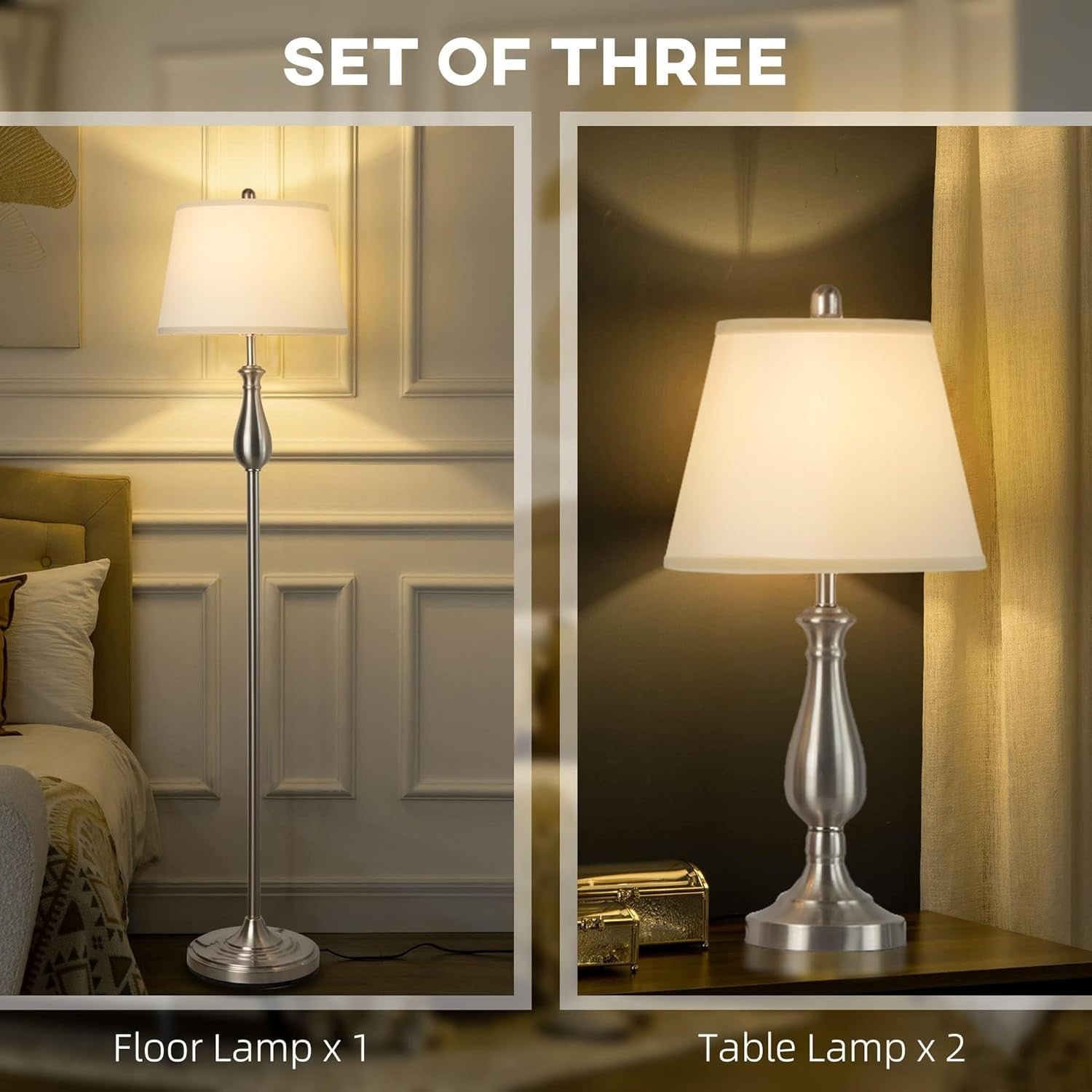 3-Piece Floor & Table Lamp Set with Soft Linen Shades, Silver, 51x25x51cm