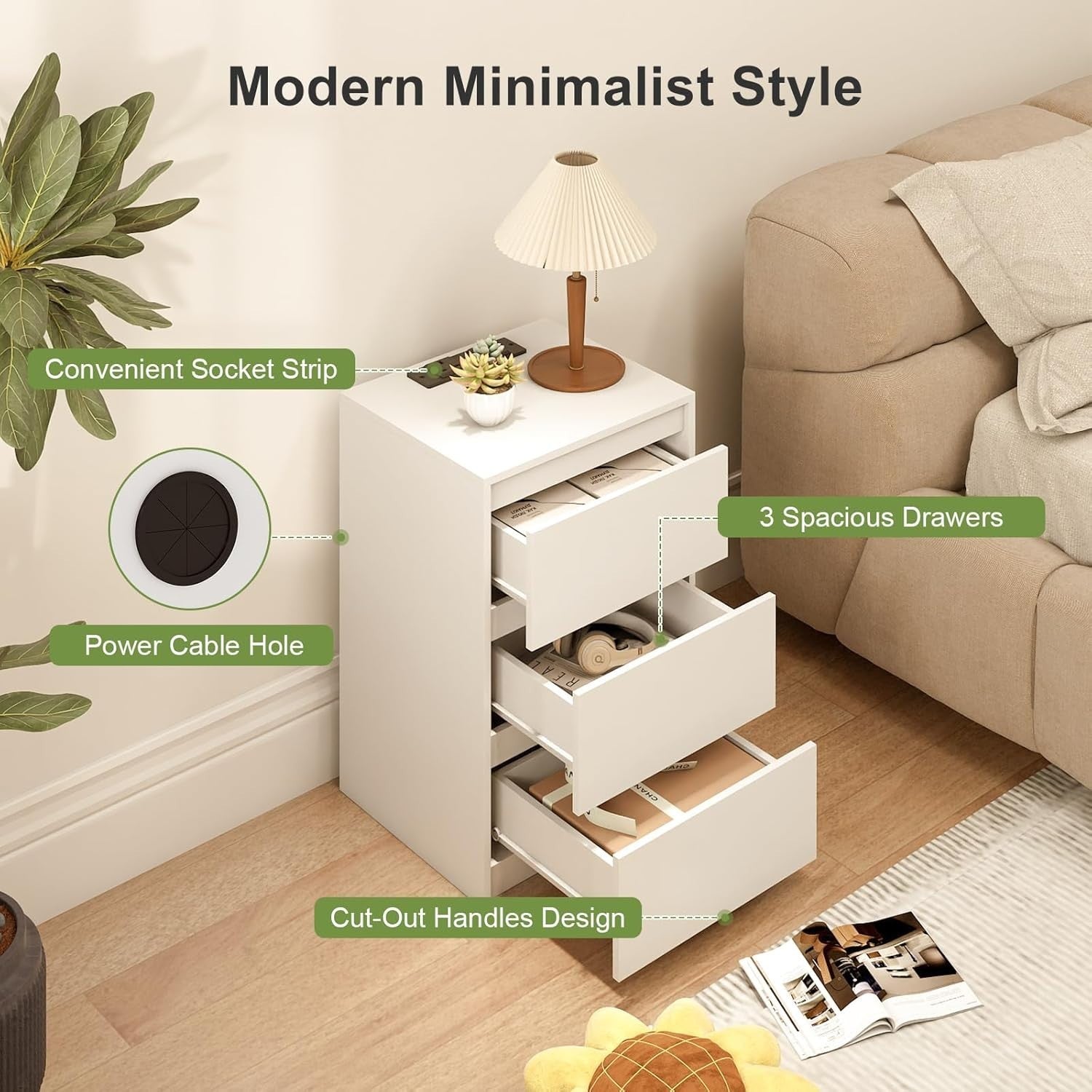 White Bedside Table with 3 Drawers & Power Station, Modern Wooden Nightstand