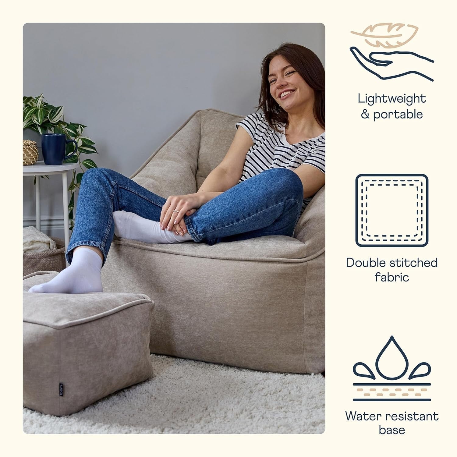 Natural Chenille Bean Bag Armchair Set with Footstool Lounge Chair.