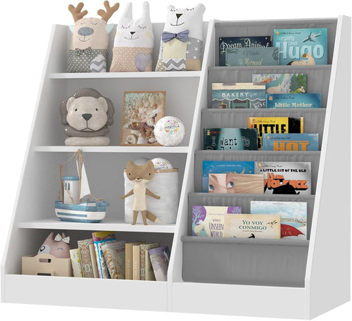 Kids Bookshelf with 5 Sling Pockets & 4 Shelves – Wooden Toy Organizer White