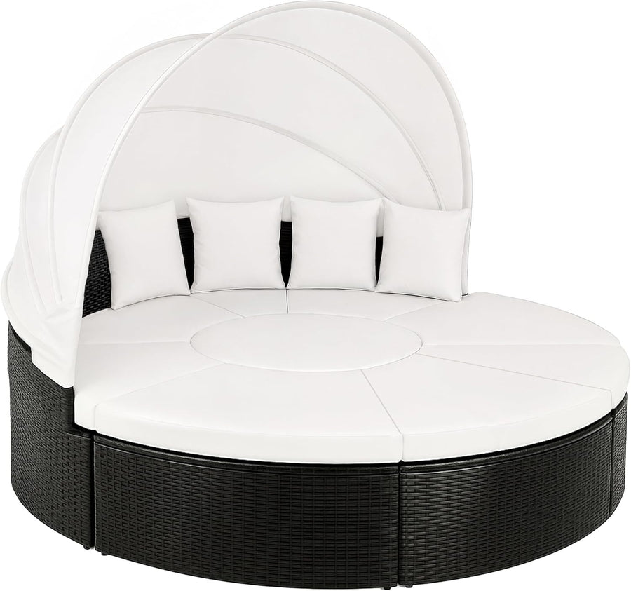 230cm Rattan Outdoor Sun Island Bed with Canopy & Table – Modular Set Black