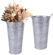 12 Inch Silver Galvanized Metal Flower Vases Set of 2 Rustic Bucket Planters