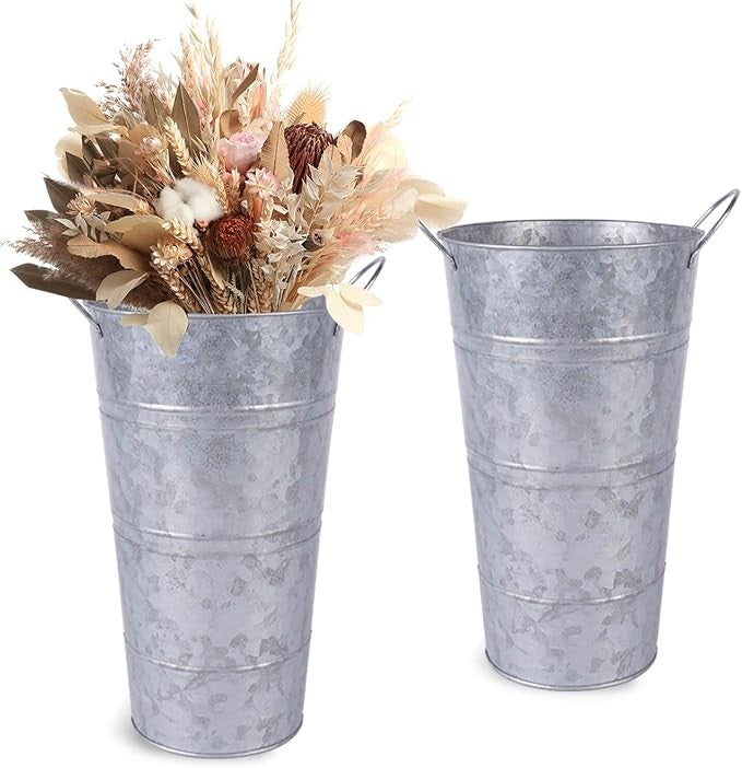 12 Inch Silver Galvanized Metal Flower Vases Set of 2 Rustic Bucket Planters