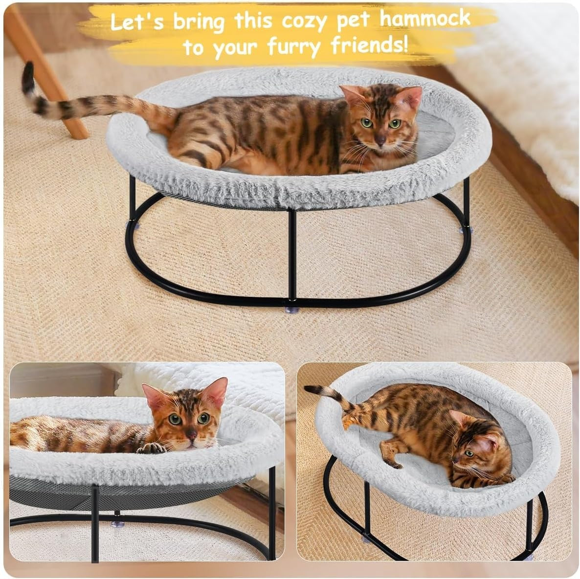 Elevated Cat Hammock Bed Oval Plush Cuddle Pet Bed w Detachable Pad