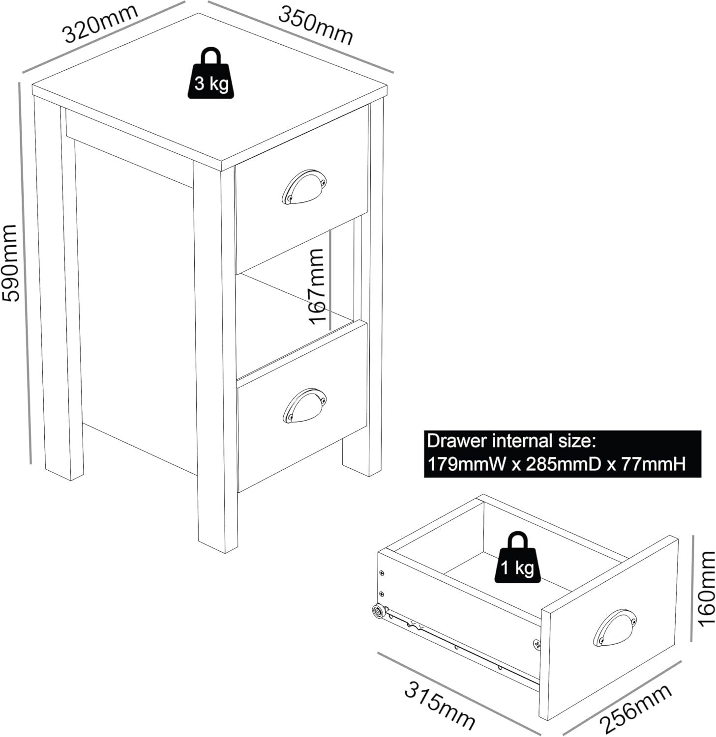 2x Light Grey Oak Bedside Tables with Drawers – Modern Compact Nightstands
