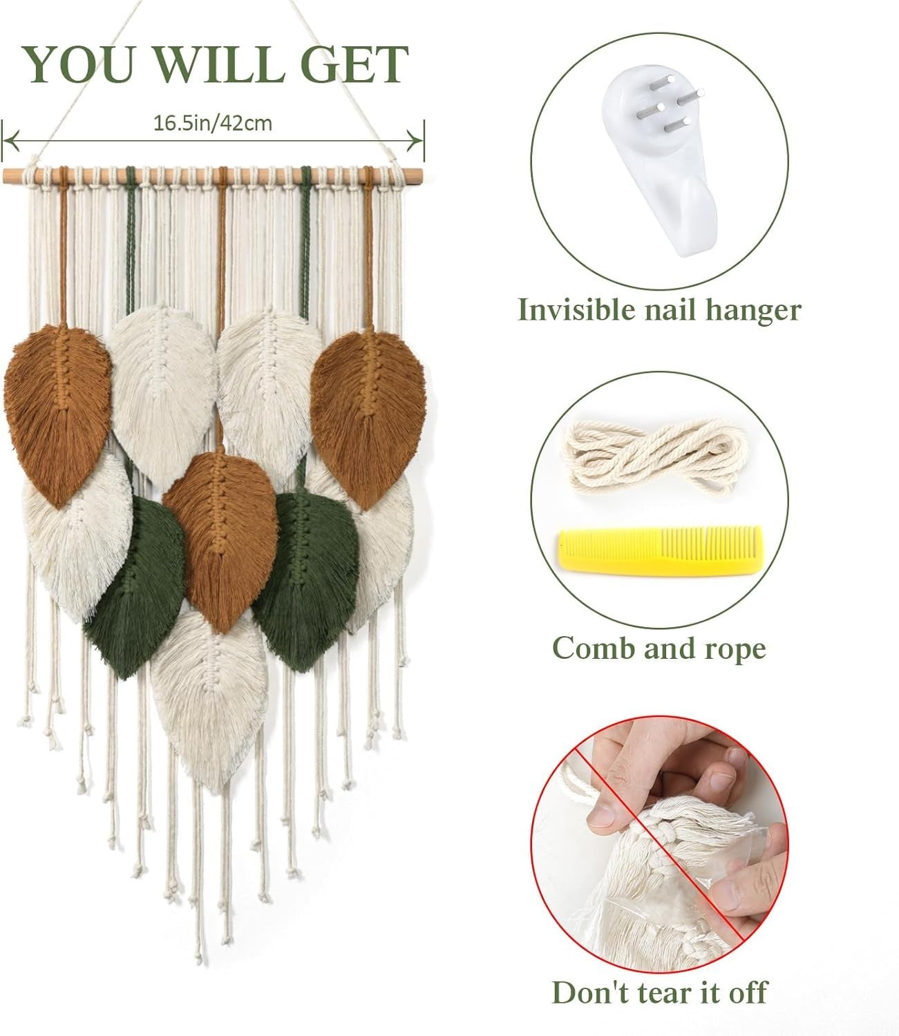 Small Macrame Wall Hanging Boho Leaf Woven Tapestry 42x72cm