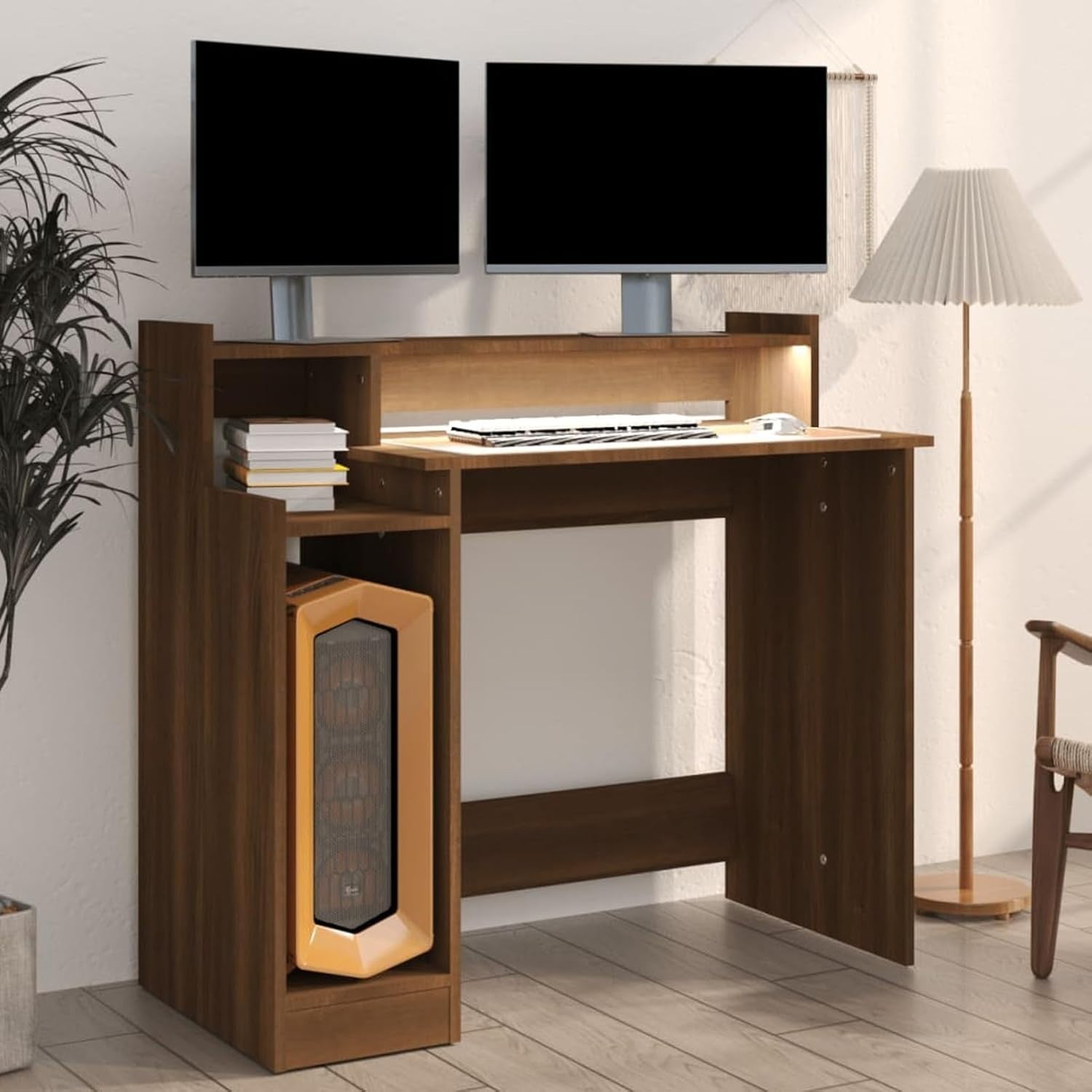 Modern LED Computer Desk 97x45x90cm Brown Oak Workstation Table for Home