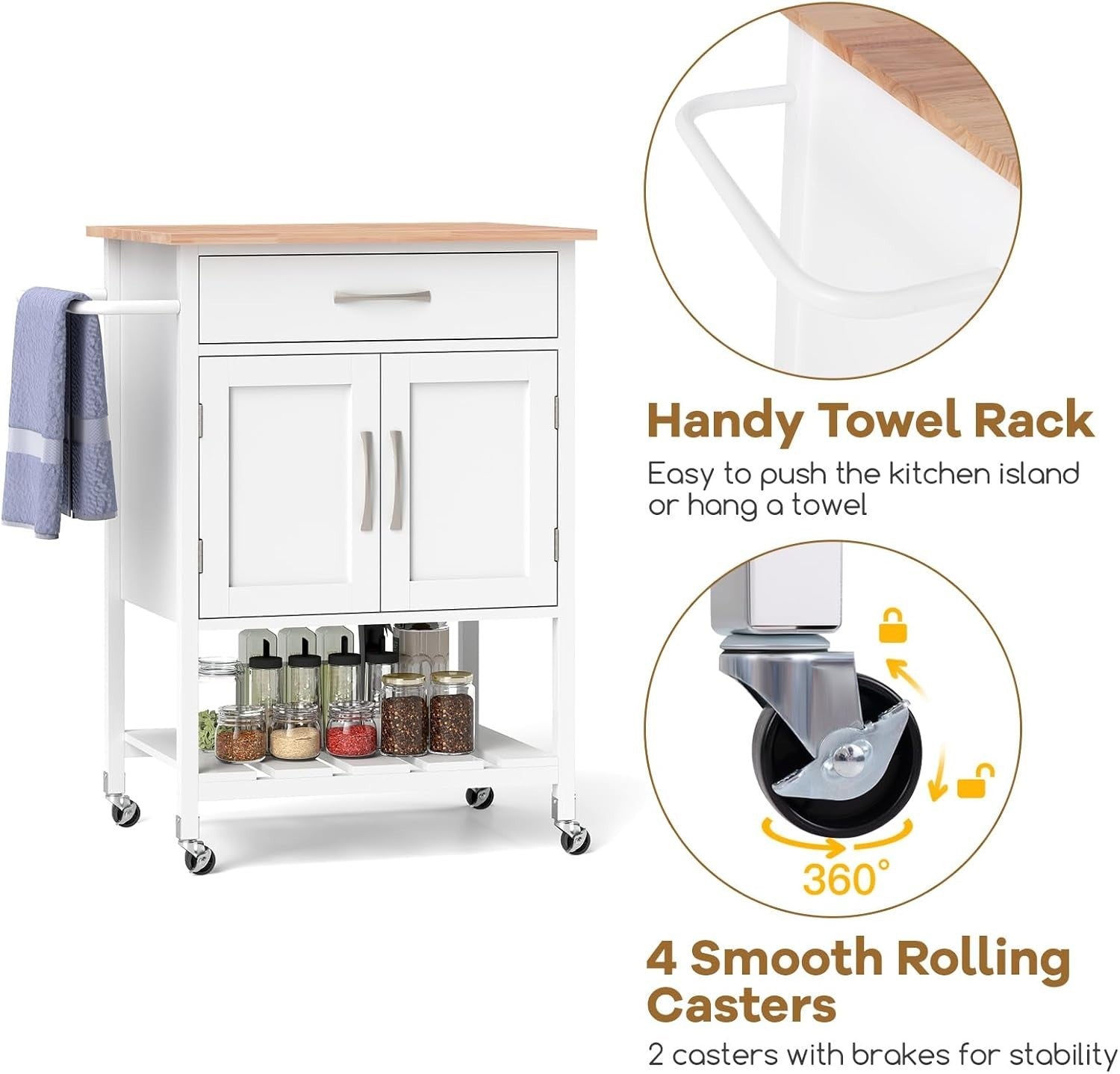 Rolling Kitchen Island Cart with Drawer Cabinet Shelf & Towel Rack White
