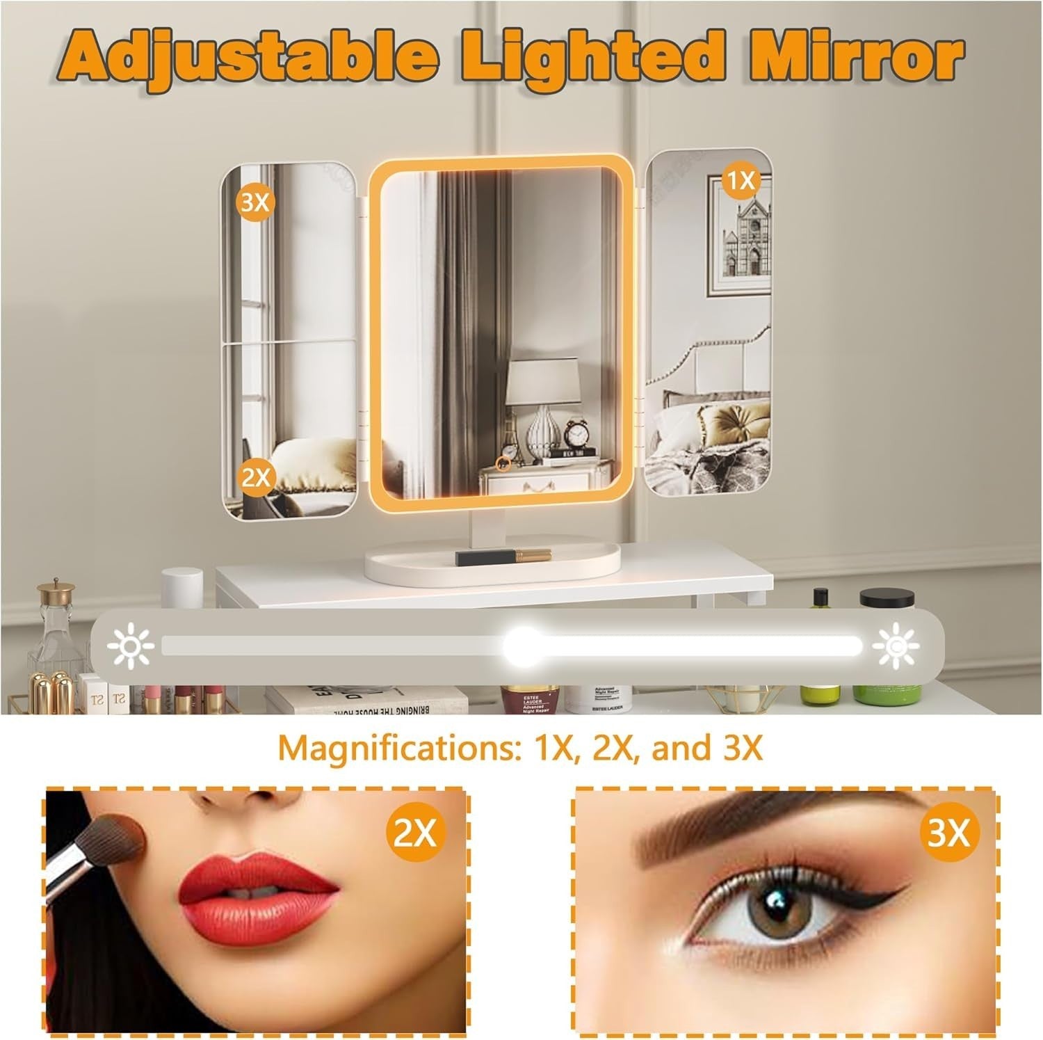 Vanity Makeup Dressing Table Desk 3-Fold LED Mirror Adjustable Height 3 Drawers