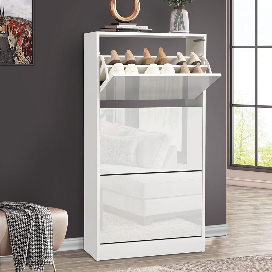 High Gloss 3 Drawer Shoe Cabinet Slim Space-Saving Storage Organizer