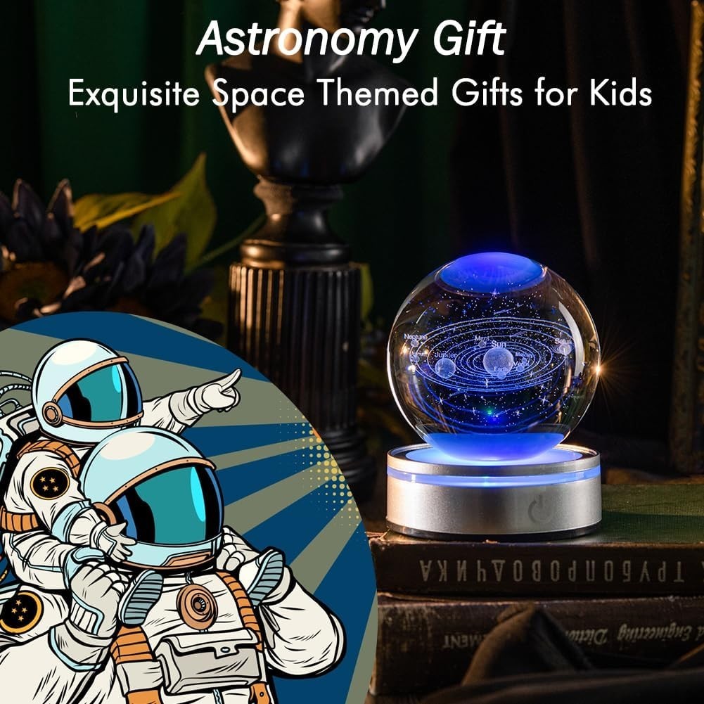 3D Solar System Crystal Ball with LED Stand • Space Gift • Engraved Planets