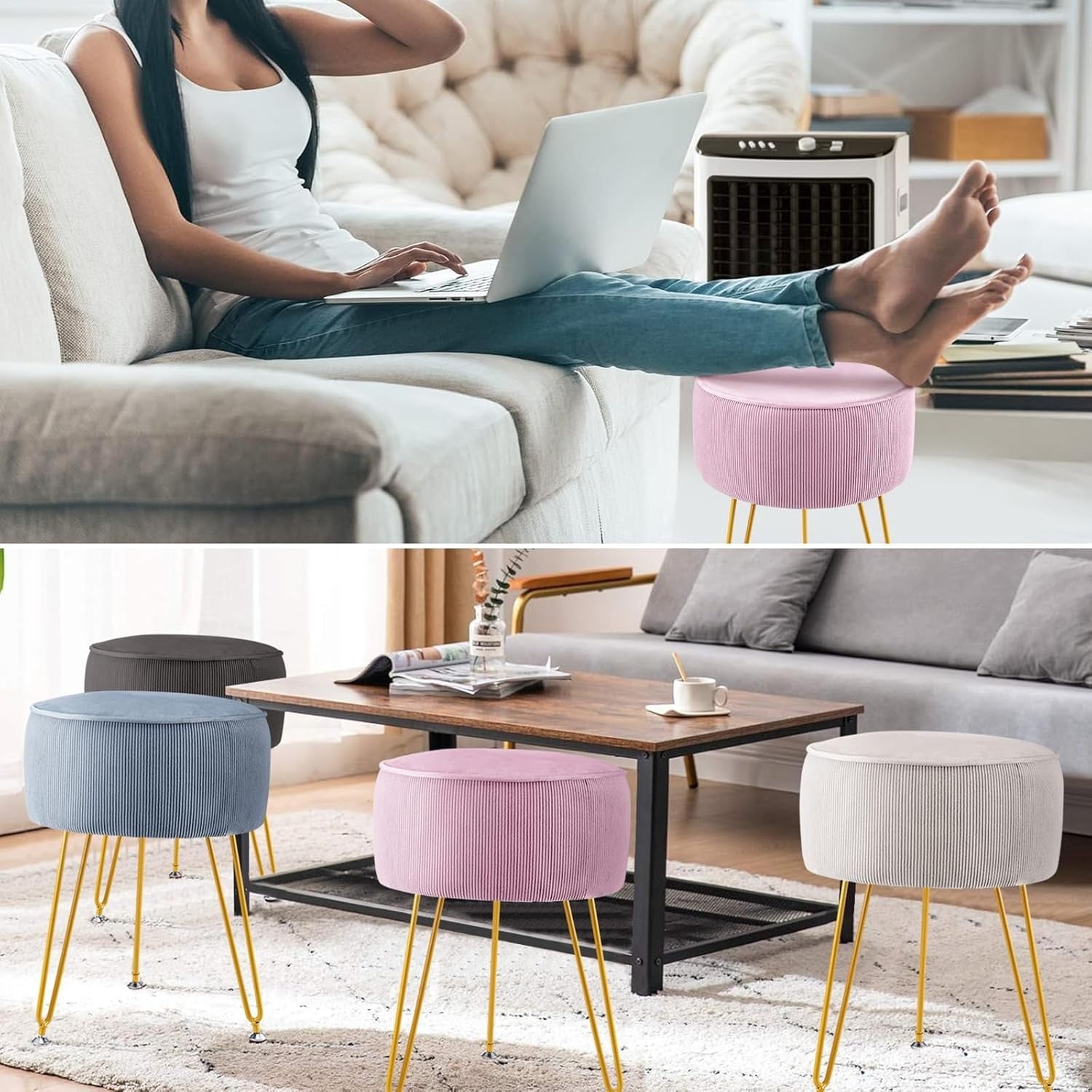 Pink Round Vanity Stool with Gold Metal Legs – Padded Makeup Chair