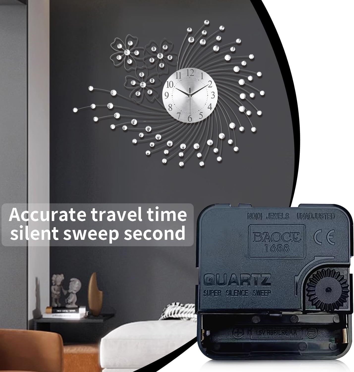 83×63cm Large Silver Wall Clock – Silent Quartz Modern Oversized Art Design