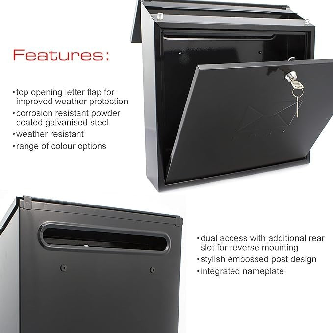 Lockable Weatherproof Steel Post Box Black Secure Mailbox Wall Mount 37x37x12cm