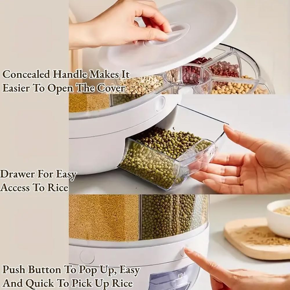 6 Compartment Rotating Grain Storage Container 360° Dispenser