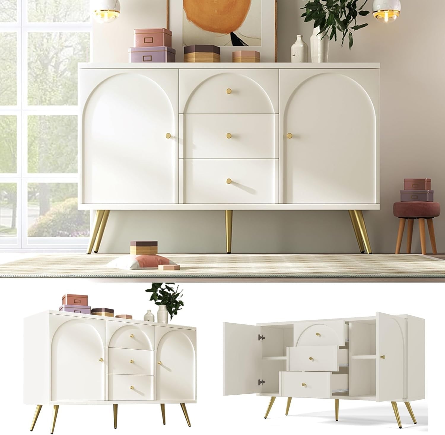 Modern Cream White Storage Cabinet with 2 Doors & 3 Drawers Adjustable Shelf