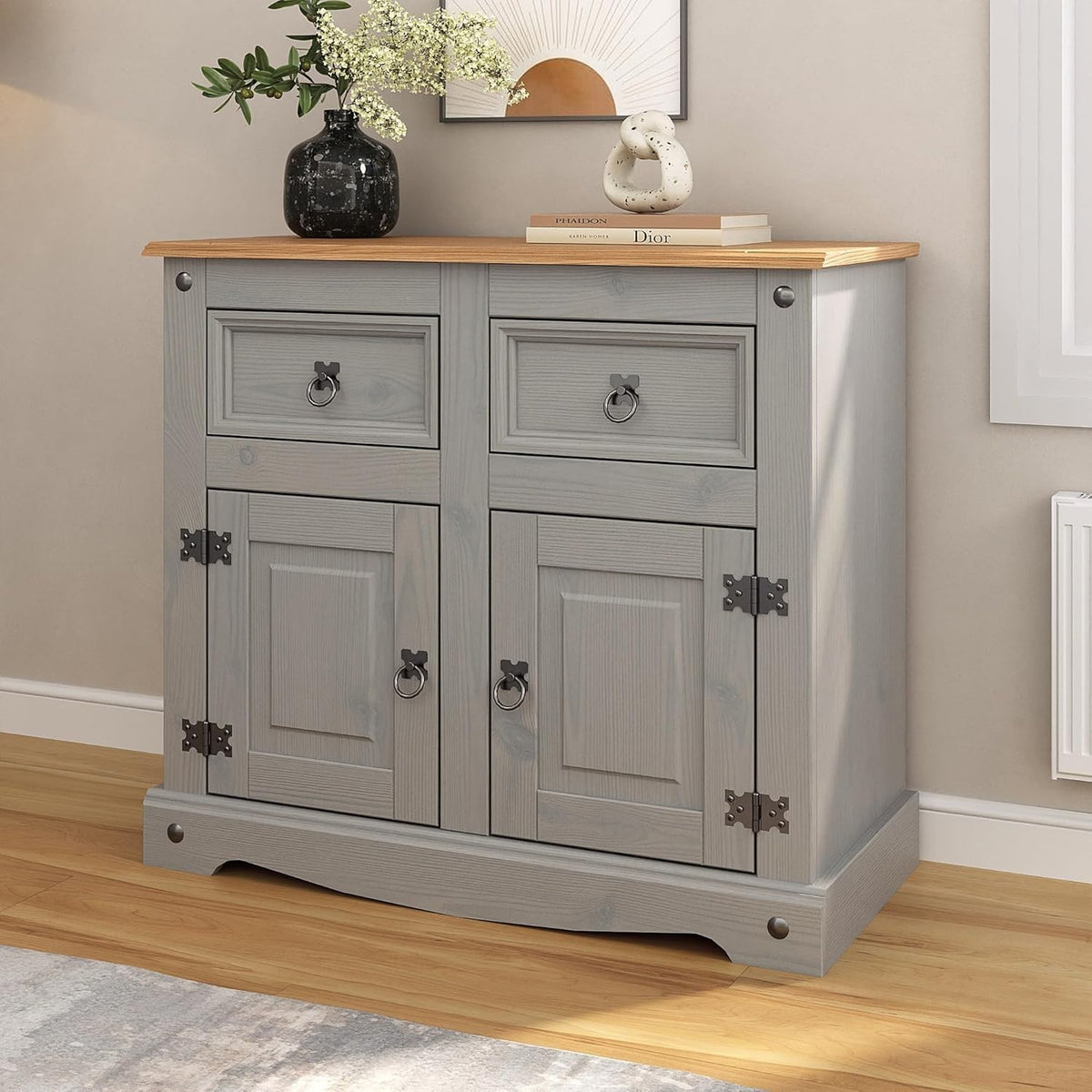 Rustic Grey Pine Sideboard Cabinet with 2 Drawers & Doors Storage Cupboard