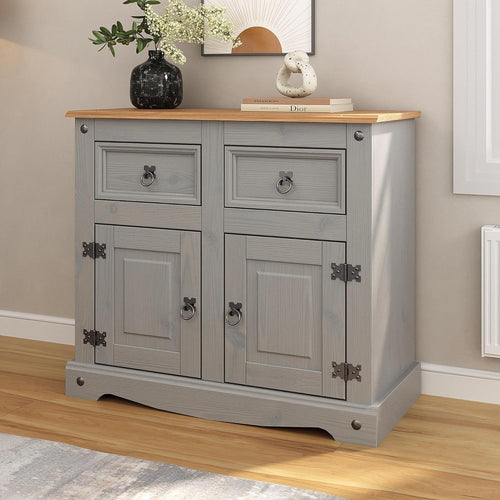 Rustic Grey Pine Sideboard Cabinet with 2 Drawers & Doors Storage Cupboard