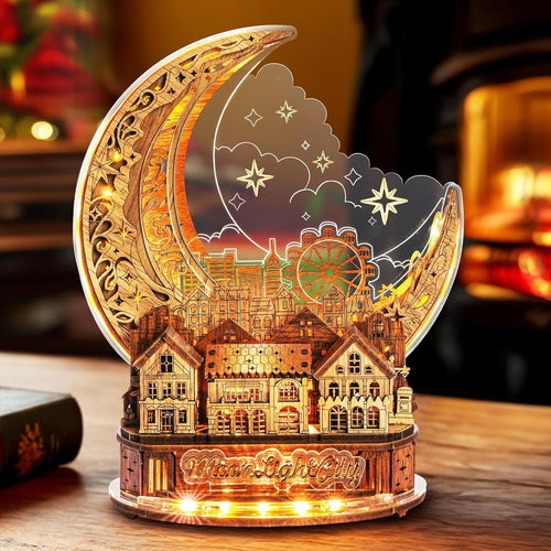 Wooden LED 3D Puzzle Lamp – DIY Moon City Model Gift for Adults & Kids