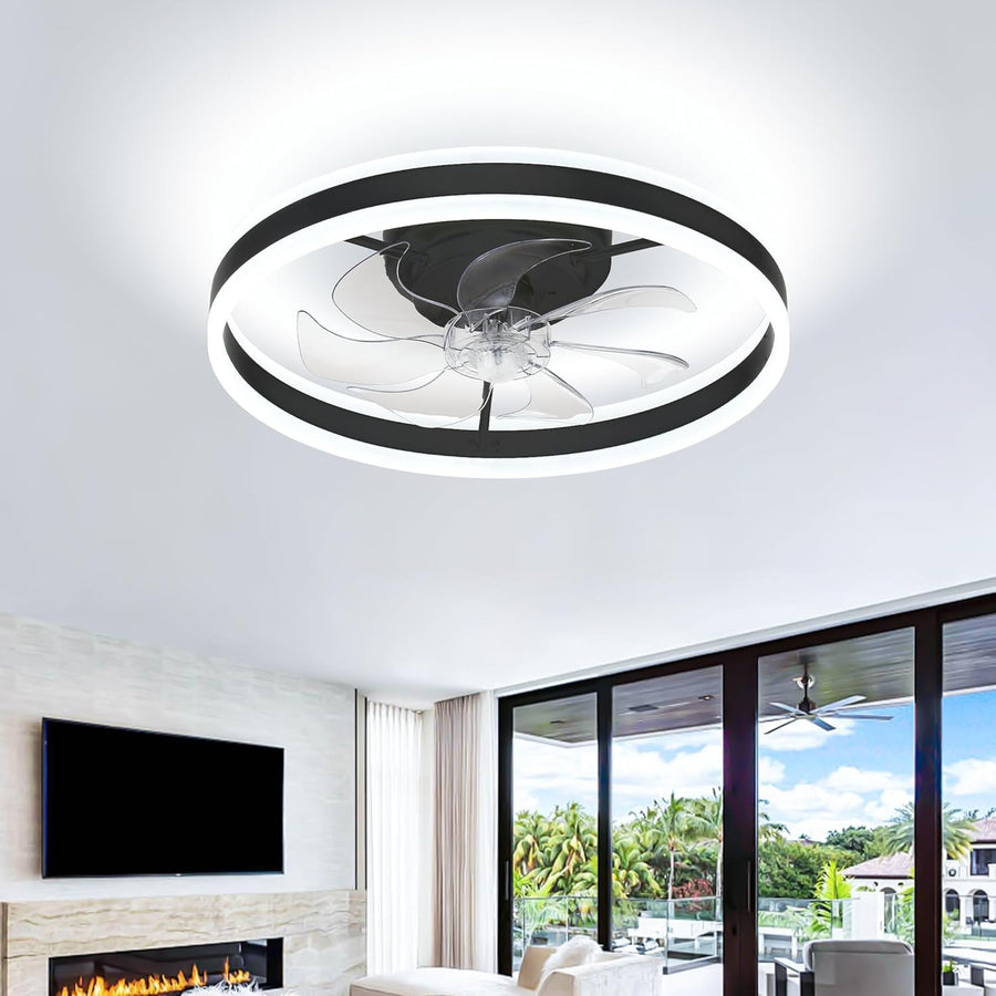 20" LED Bladeless Ceiling Fan Light, Dimmable, Remote, Flush Mount, Modern Black