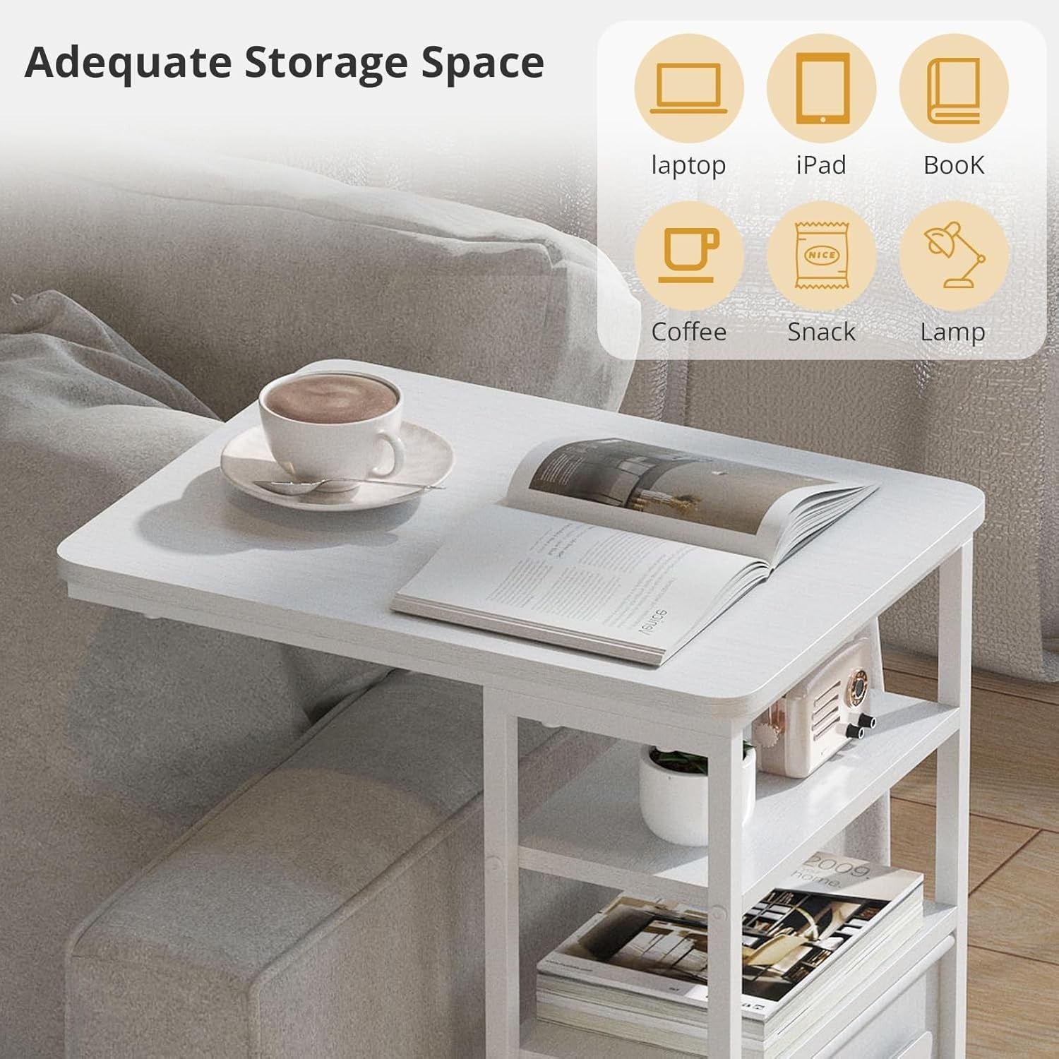 Slim C-Shaped End Table with Storage Bag | Adjustable Metal Frame, Space Saver