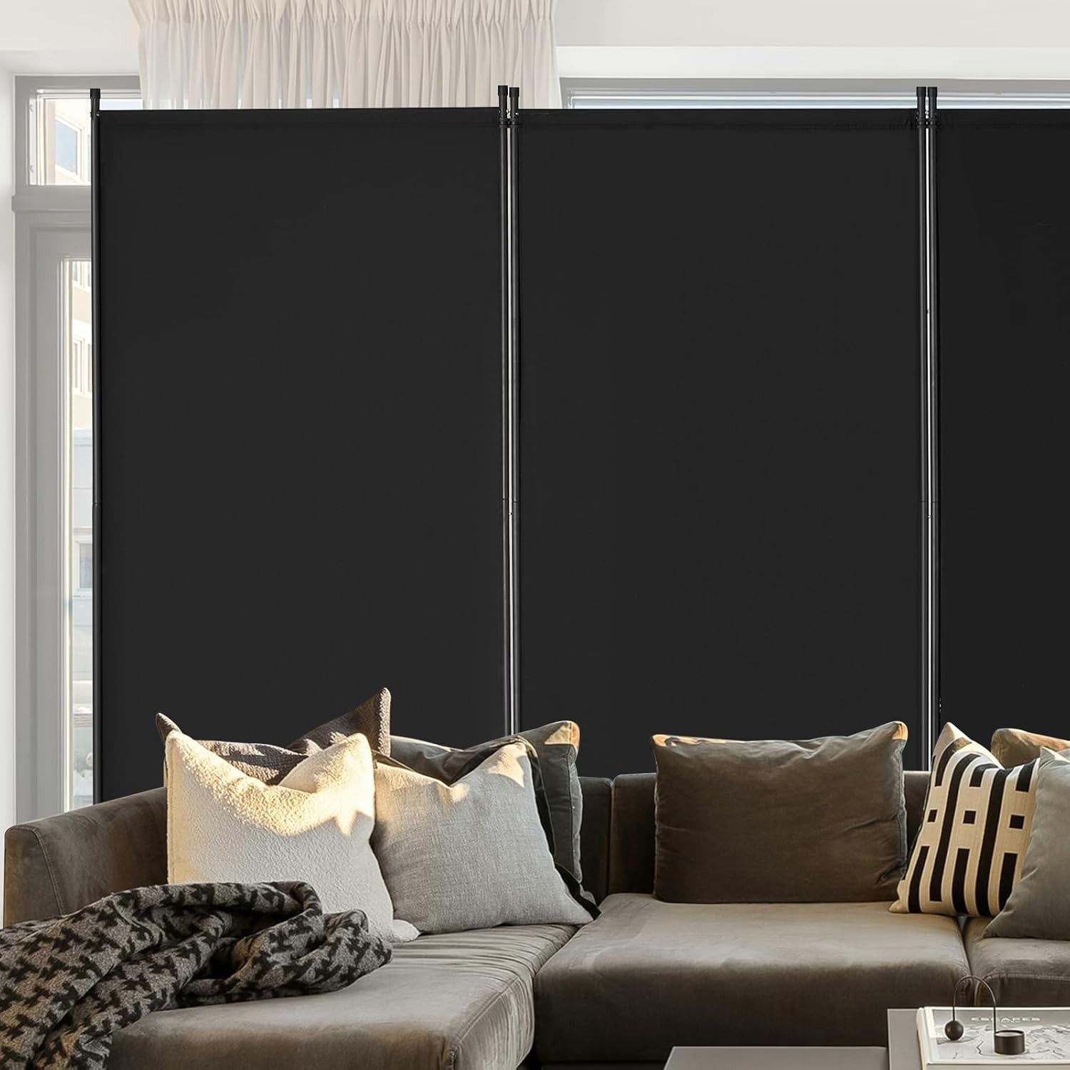 4 Panel Black Folding Room Divider Privacy Screen Freestanding 364x184cm