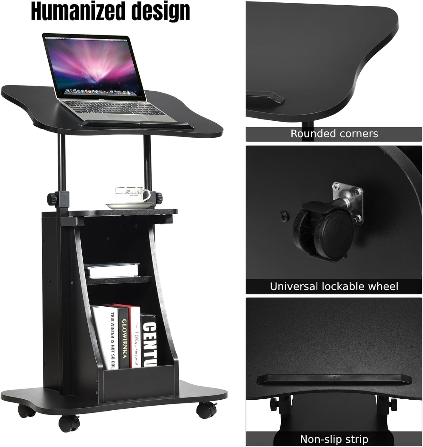 Height Adjustable Overbed Laptop Table with Storage Cabinet on Wheels Black