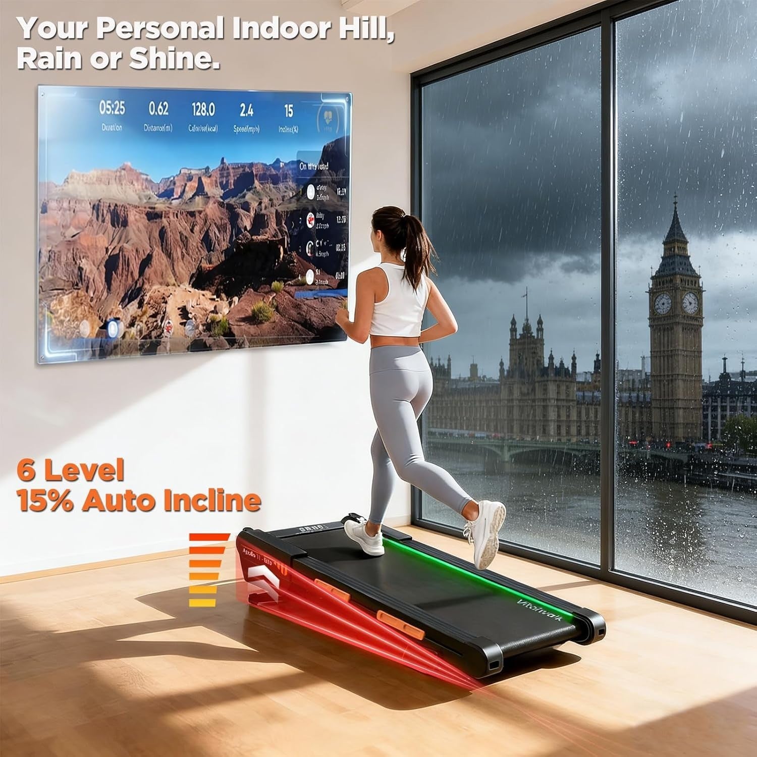 Under Desk Walking Treadmill 6-Level Incline 159KG Quiet Home Office