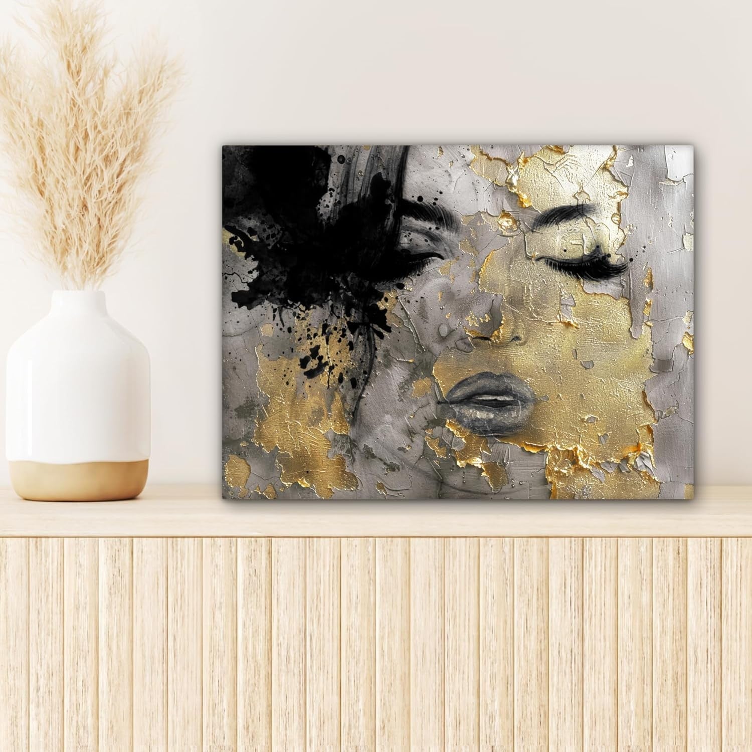 Abstract Woman Gold Black Canvas Wall Art 40x30cm Luxury Print