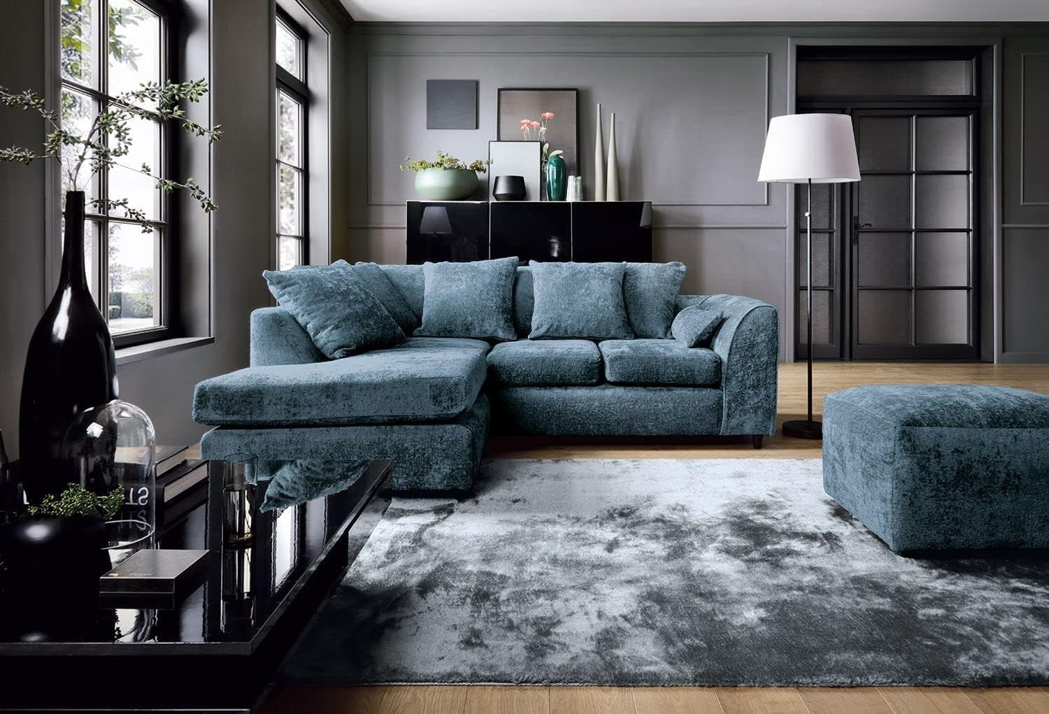 Dark Blue L Shaped Sofa Couch 4 Seater Crushed Velvet Corner Unit Modern
