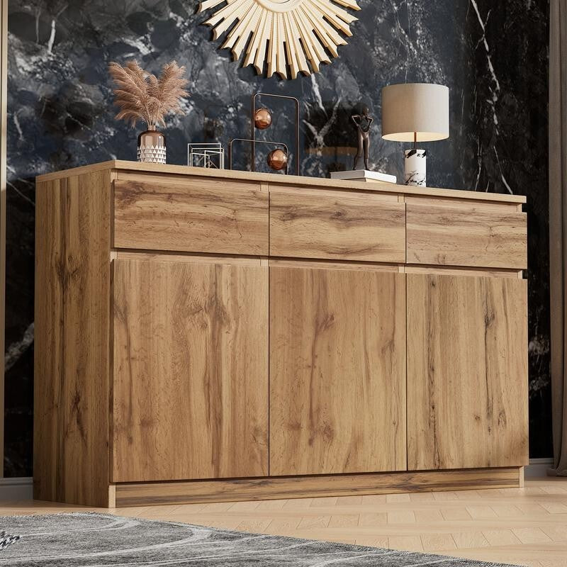 Oak Sideboard Buffet Cabinet with 3 Drawers 3 Doors Storage Unit 135cm