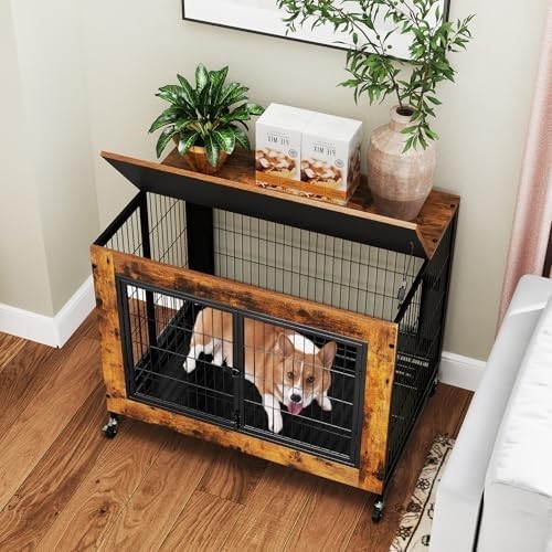 Indoor Wooden Dog Crate on Wheels with Pull-Out Tray & 3 Doors, Small/Medium