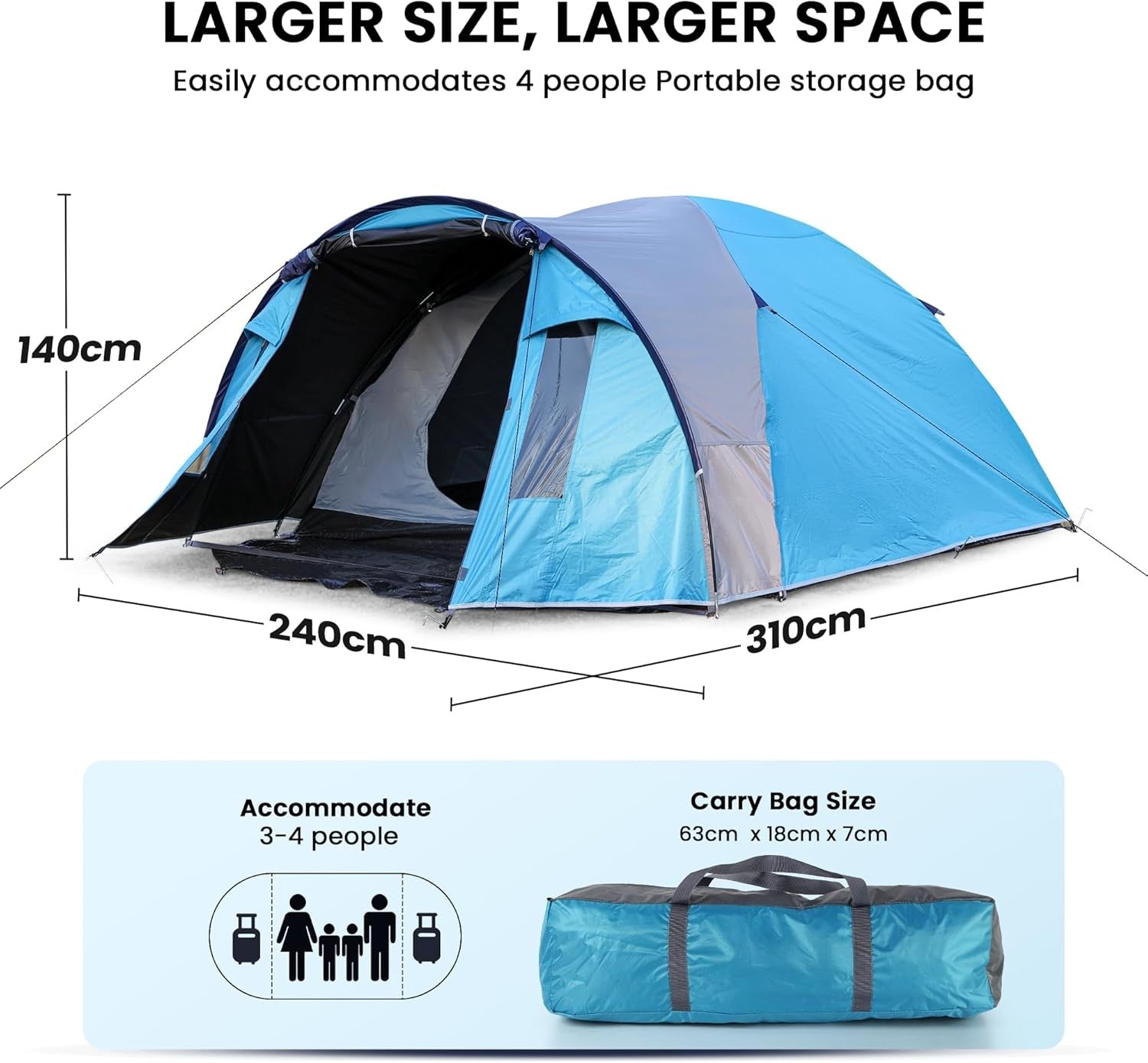 4 Person Dome Camping Tent Waterproof Lightweight Family Blue