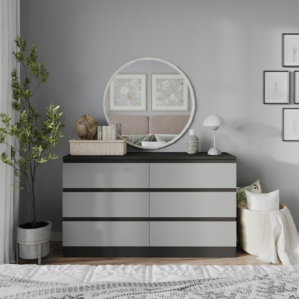 6 Drawer Chest Black Grey Storage Cabinet Bedroom Office Modern Unit