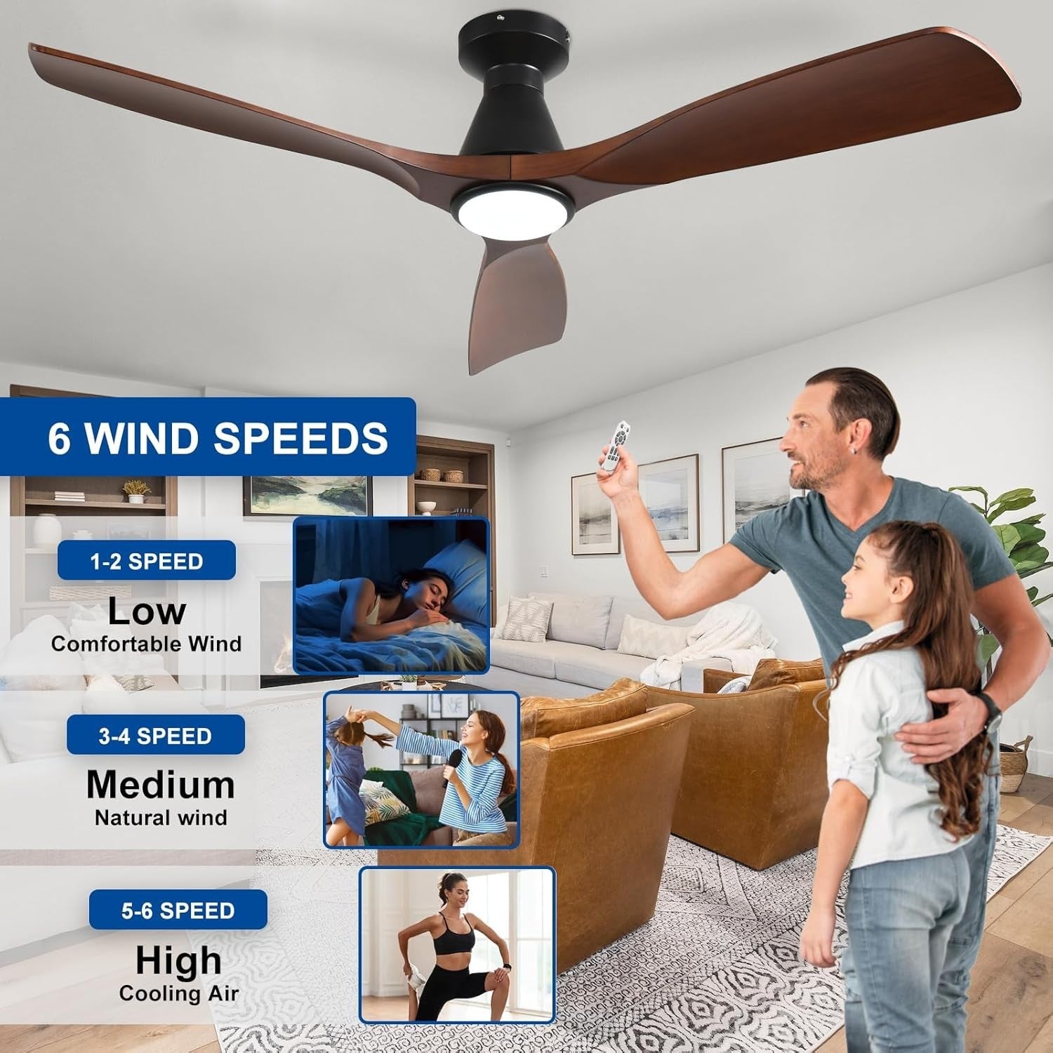 52-Inch Walnut Ceiling Fan with Light, Quiet DC Motor, Remote Control