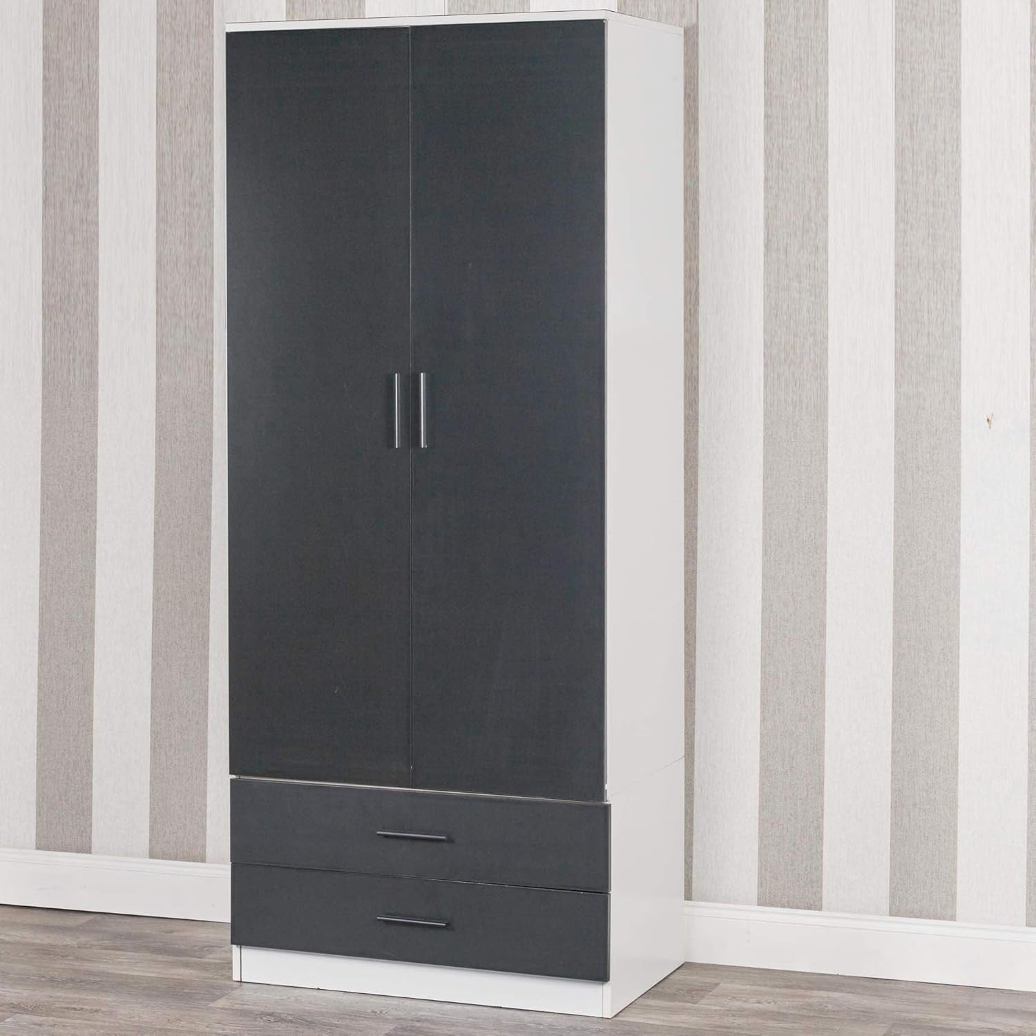 Modern 2 Door Wardrobe Black Drawers Hanging Rail Tall Storage Unit