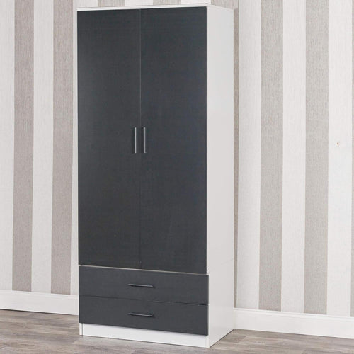 Modern 2 Door Wardrobe Black Drawers Hanging Rail Tall Storage Unit