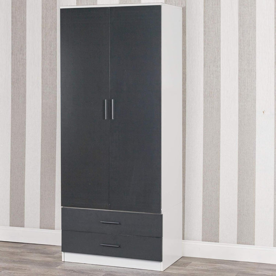 Modern 2 Door Wardrobe Black Drawers Hanging Rail Tall Storage Unit